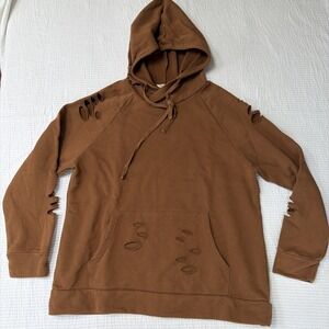 Mens Medium Brown Long Sleeve Hoodie Distressed Looking Holes Fading Casual
